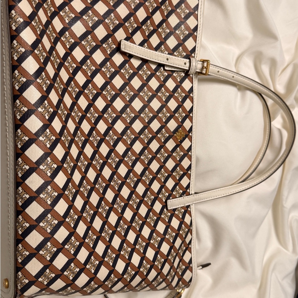 Tory Burch Brown and Cream Checkered Tote